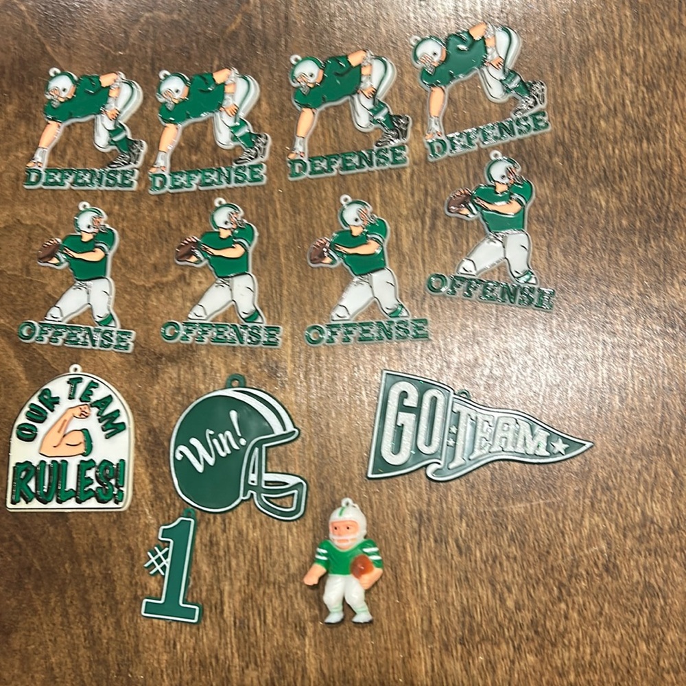 Homecoming Variety Green FOOTBALL charms / trinkets    (12) mums & Garters